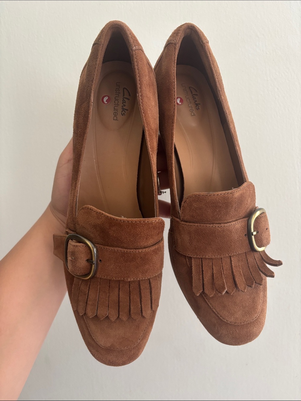 Clarks Brown Suede Fringe Loafers with Decorative Buckle